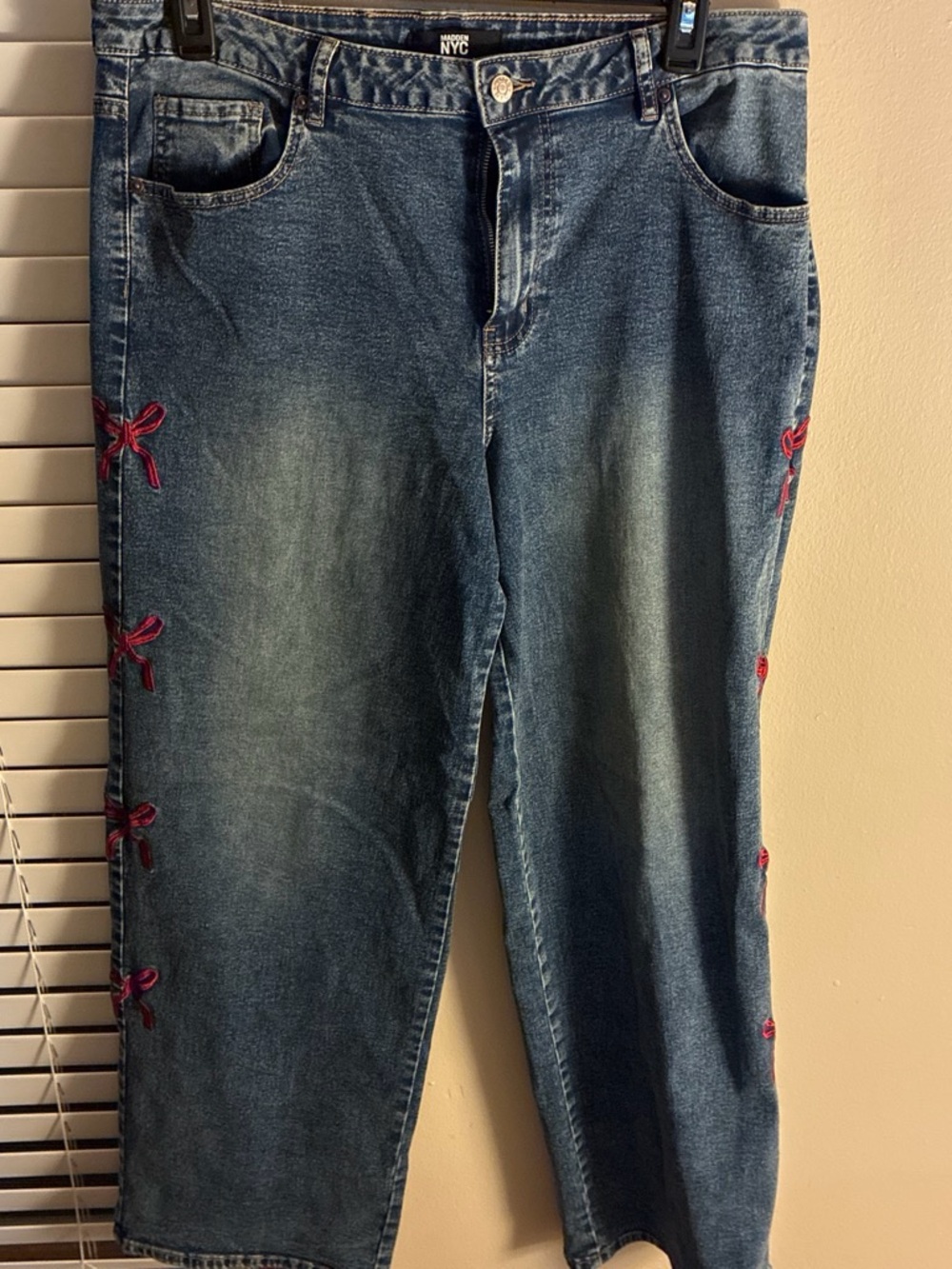 Madden NYC Women's Dark Blue Denim Jeans with Red Side Bows